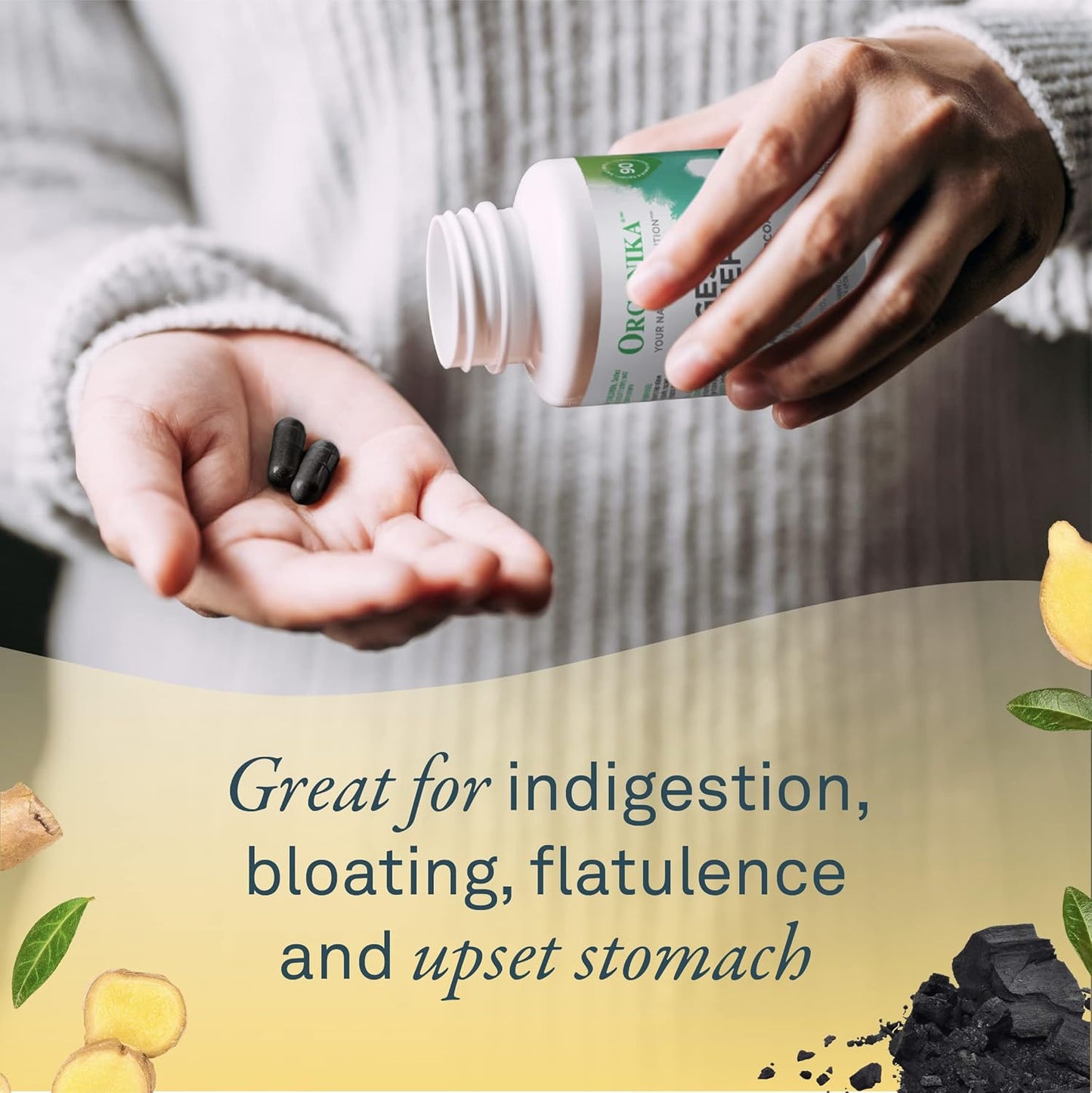 Organika 全譜植物酵素 - 幫助分解碳水化合物、脂肪、蛋白質、乳製品 - 60 粒素食膠囊和消化緩解 - 含生薑和活性碳 - 緩解消化不良,90 粒(1 包)