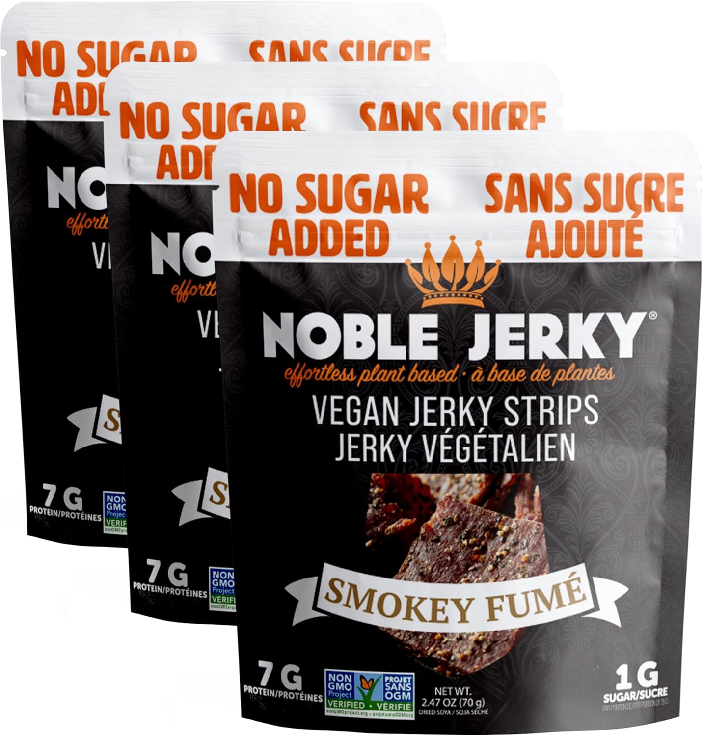 Noble Jerky – 素食肉乾零食,每袋含 14 克植物蛋白,不添加糖,煙燻味,非基因改造,無防腐劑,高蛋白零食,3 包(70 克/袋)