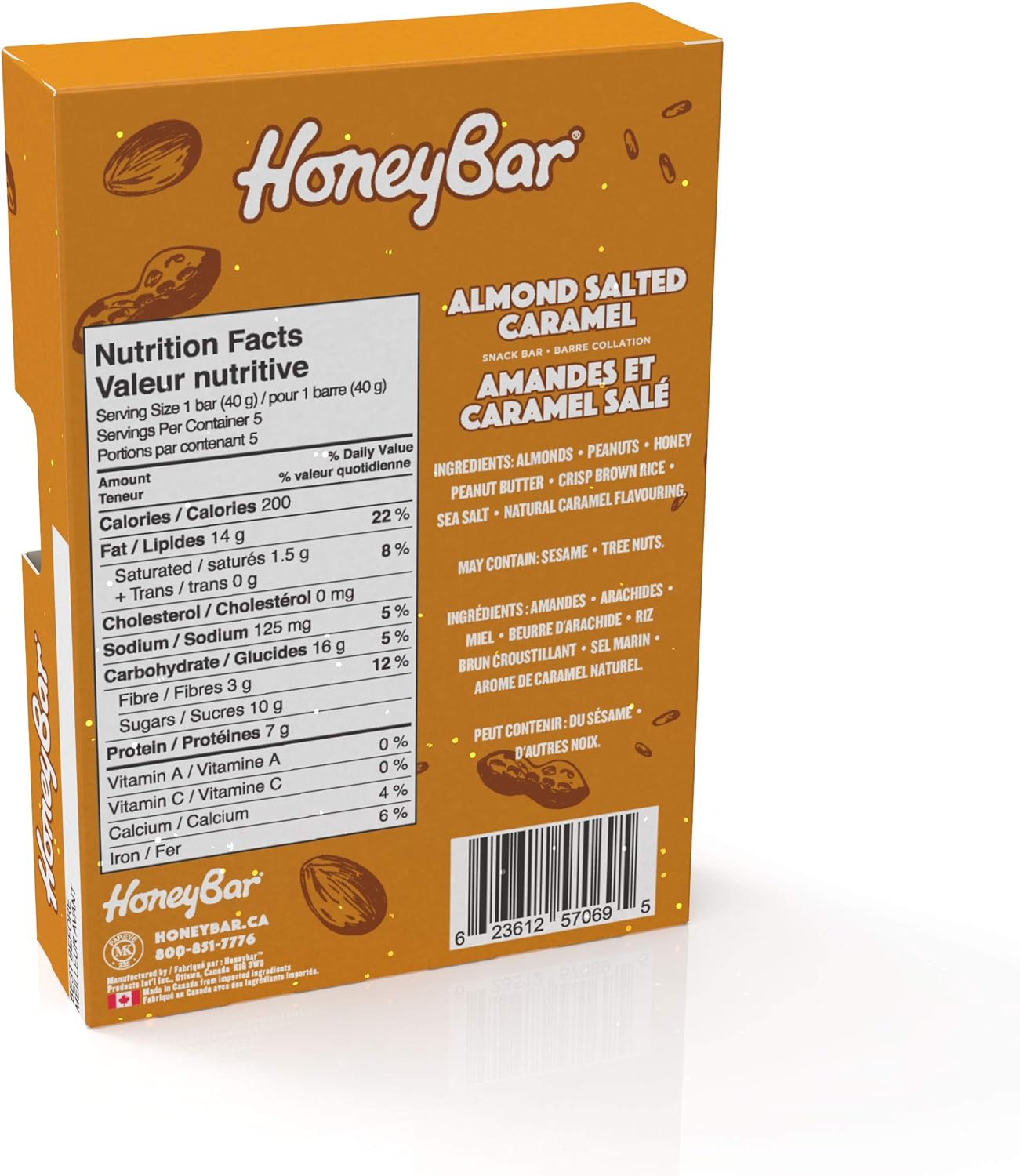 HoneyBar 零食棒,杏仁咸焦糖,无麸质,非转基因,素食,40 克,杏仁咸焦糖,5 条
