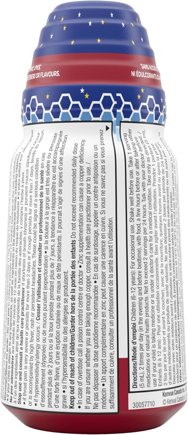 Zarbee’s® 儿童夜间全面止咳感冒糖浆,适用于 6 岁以上儿童,蜂蜜、洋甘菊、常春藤叶提取物、锌和姜黄根,无色素,葡萄味,118 毫升