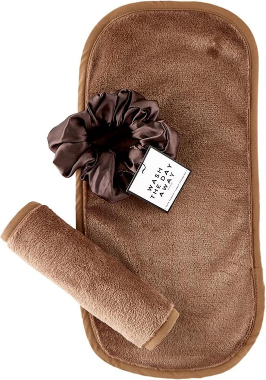 Bella Sleep + Spa 可重复使用卸妆洁面巾和发圈面部护理套装,3 件套,摩卡色