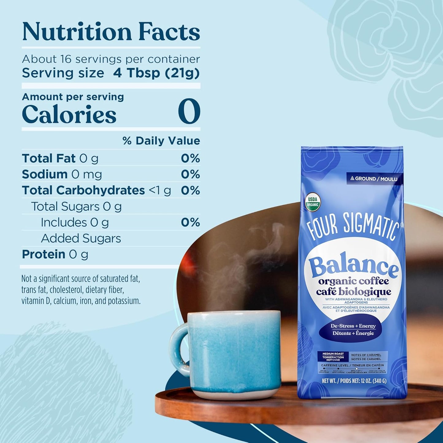 Four Sigmatic 有機平衡適應原研磨咖啡 | 中度烘焙 USDA 有機咖啡,含南非醉茄、白樺茸、刺五加和聖羅勒 | 提升專注力和能量的咖啡 | 12 盎司/袋