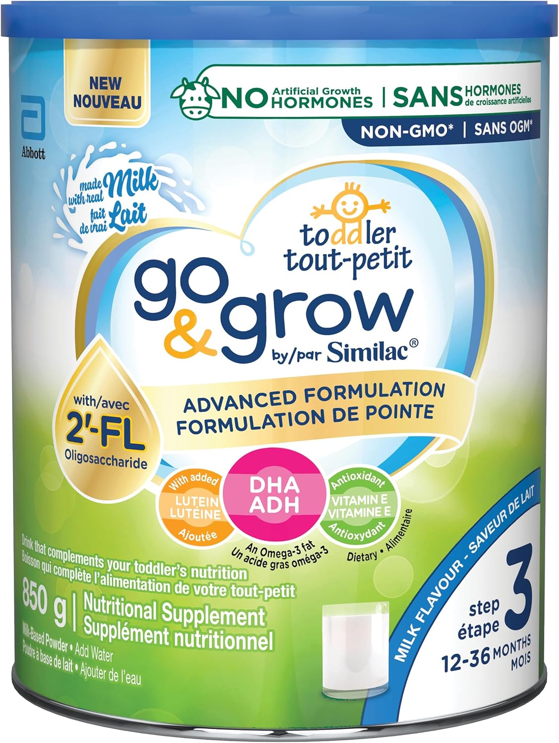 Similac Go & Grow 3 段幼兒飲料,含 2'-FL。免疫支持創新:2'-FL,奶粉,12-36 個月,牛奶味,850 克