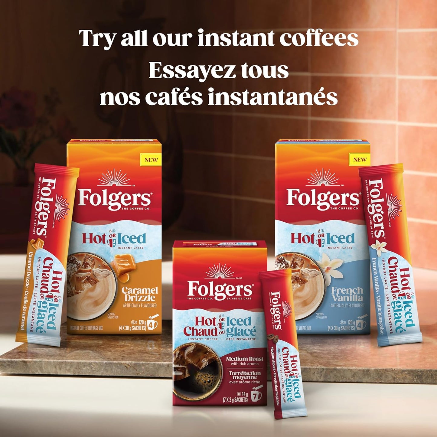 Folgers 速溶咖啡包,适用于热饮或冷饮混合饮料,速溶经典中度烘焙咖啡,7 包(12 包)