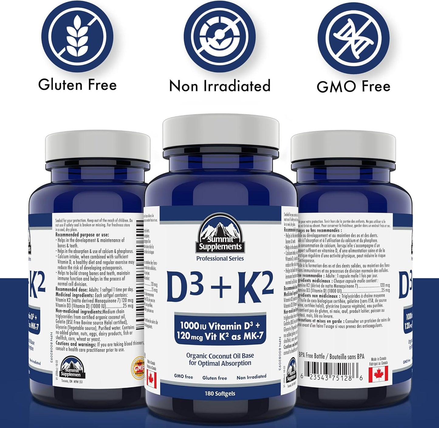 加拿大製造,無塑膠污染 - 維生素 D3 K2,180 粒軟膠囊,180 天用量 - D3(1000IU-25mcg)+K2(120mcg) - 免疫功能、骨骼和牙齒健康 - 經第三方測試 - 加拿大配製和製造