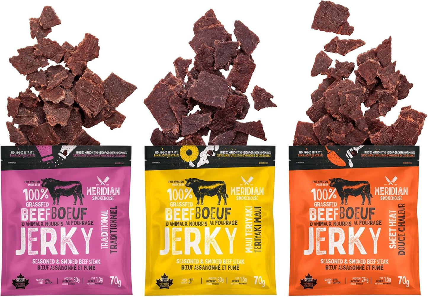 Meridian Smokehouse Variety Pack of 12-100% Grass-Fed Beef Jerky - Made In Canada- 3 Flavours Included - Sweat Heat, Maui Teriyaki, and Traditional, Gluten Free