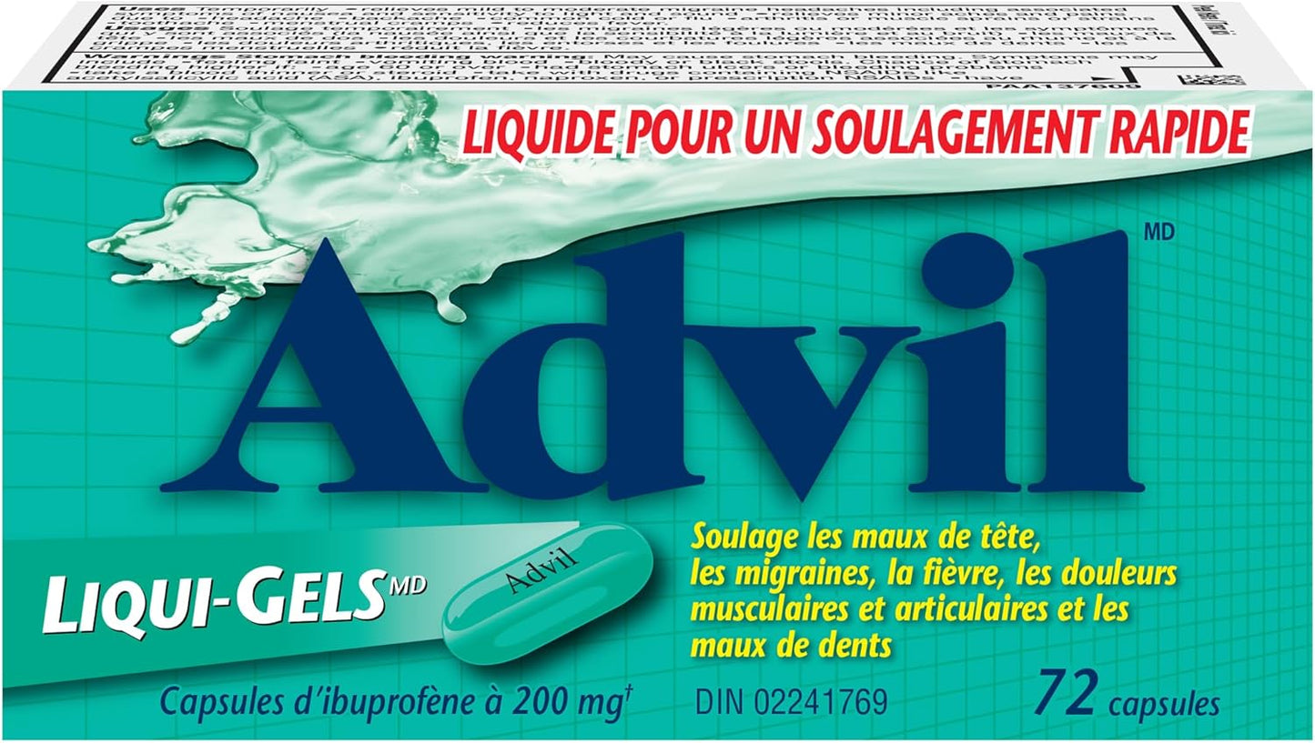 Advil Regular Strength Ibuprofen Pain Relief Liquid-Gels, Fast Acting Pain Relief for Migraine, Back, Neck, Joint, and Muscle Relief, 200mg (72 Count)