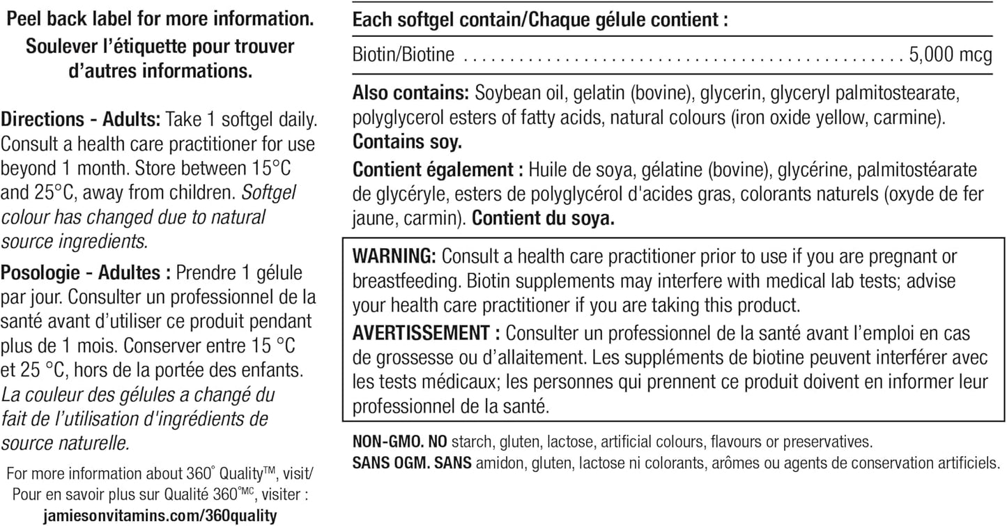 Jamieson 强效生物素 5,000 微克软胶囊,易于吞咽,有助于增厚头发、改善皮肤健康、强韧指甲。不含麸质,不含人工香料、色素或防腐剂,60 粒装,加拿大制造