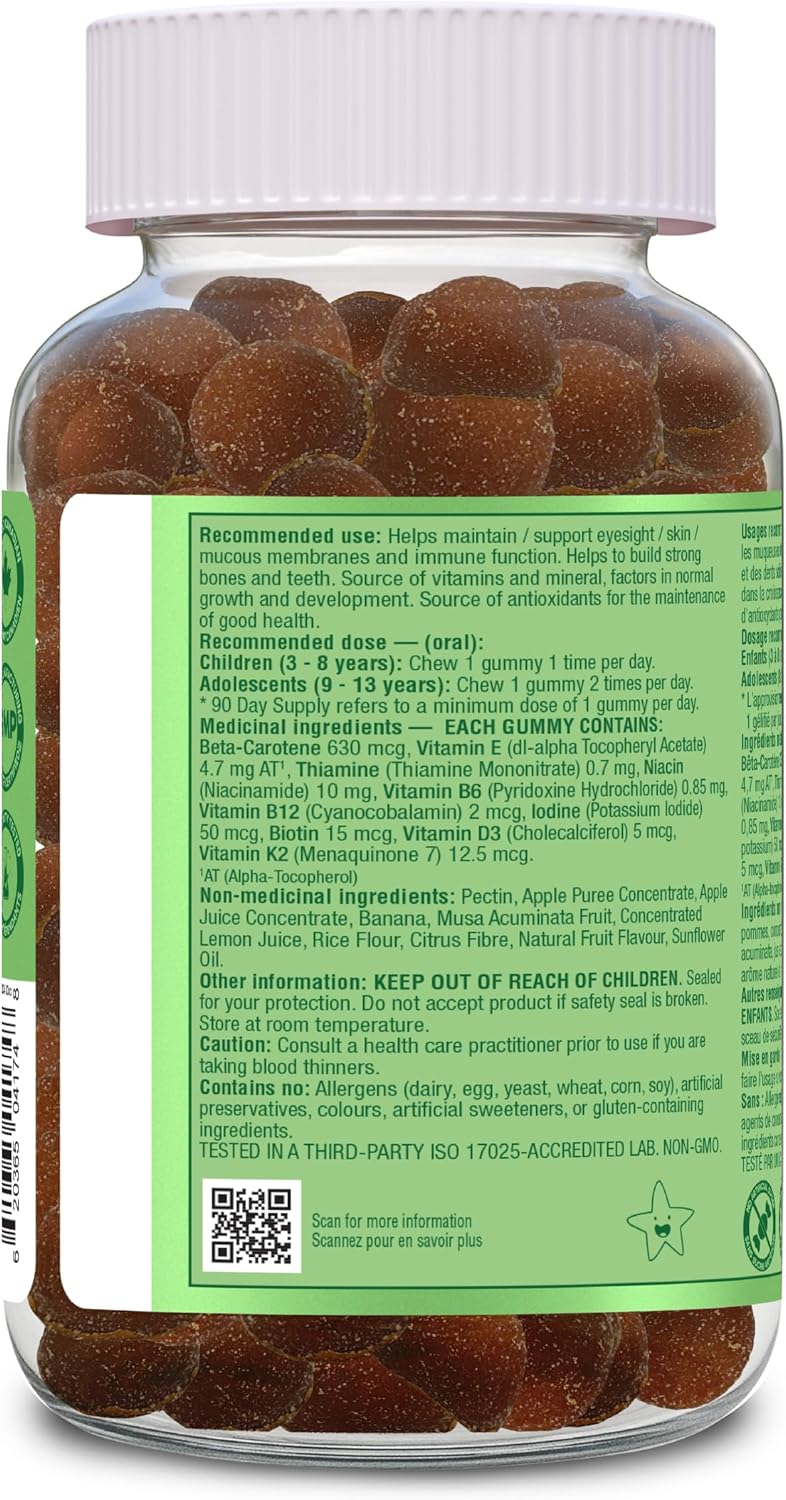 Organika 儿童复合维生素软糖苹果香蕉味 - 协同维生素和矿物质混合物,支持适当的营养、免疫力、骨骼健康和整体发育 - 90 粒软糖