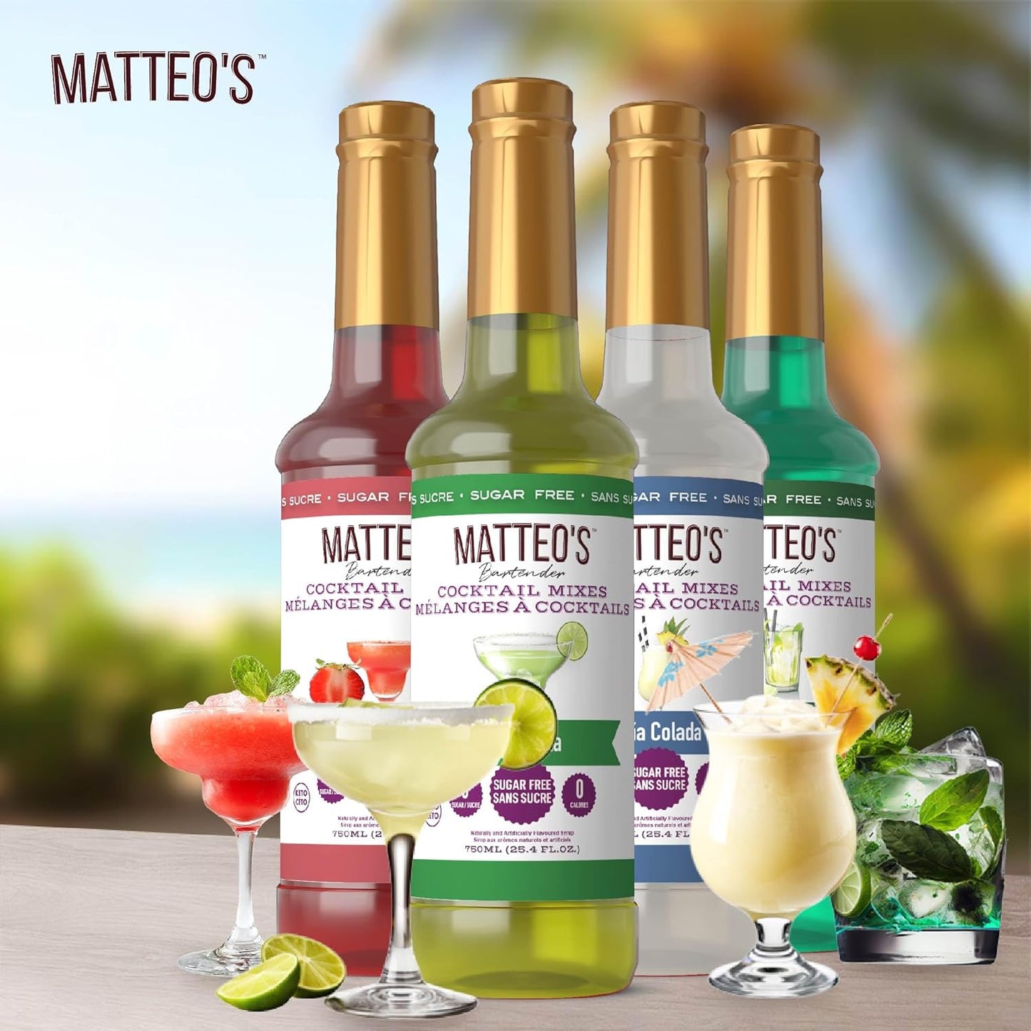 Matteo 的无糖鸡尾酒混合料 - 多种包装 - 零糖调酒师灵感鸡尾酒 - 饮料调味糖浆 - 调味糖浆 - 派对的理想选择 - 不含酒精 - 25.4 盎司,4 包