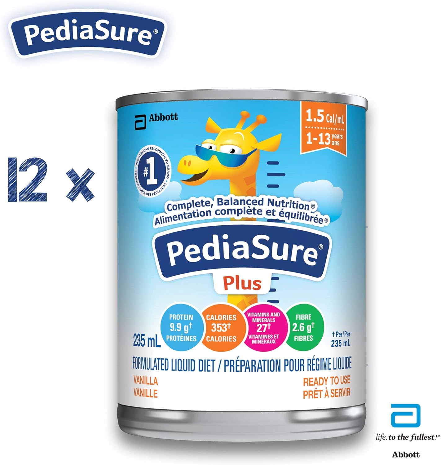 Pediasure Plus(含纤维),配方流质饮食,235 毫升罐装,香草味,12 罐装,2820 毫升