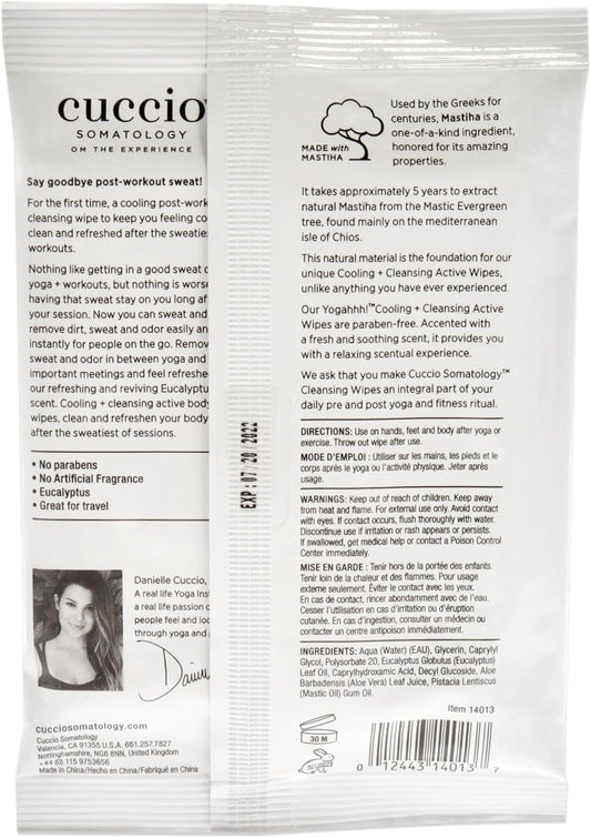 Cuccio Somatology Yogahh Cooling Plus Cleansing Wipes - Delivers Cool, Clean and Refreshed Feeling - Helps Remove Grime - Ideal for Pre and Post Workout - Vegan Formula - Paraben Free - 12 pc
