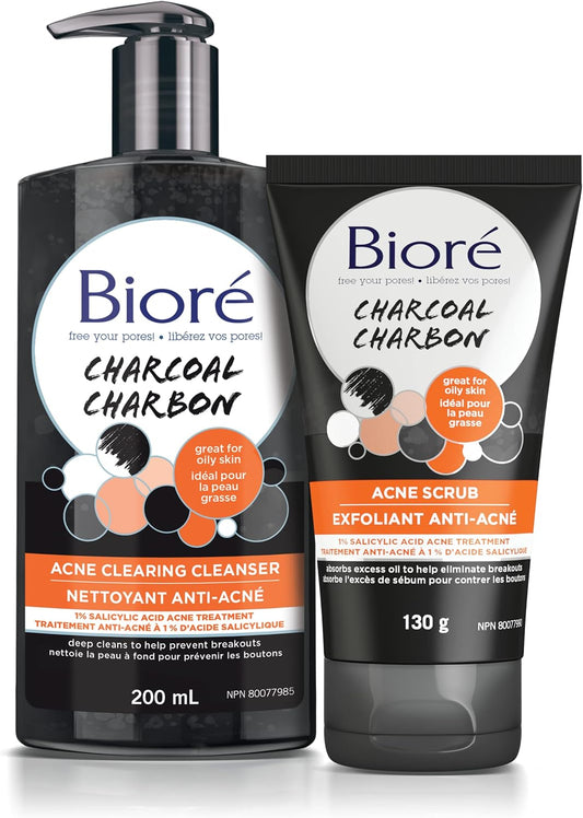 Biore Acne Clearing Charcoal Duo, Charcoal Acne Clearing Cleanser and Scrub for the face, with Salicylic Acid for Acne Prone and Oily Skin, Dermatologist Tested and Vegan Friendly