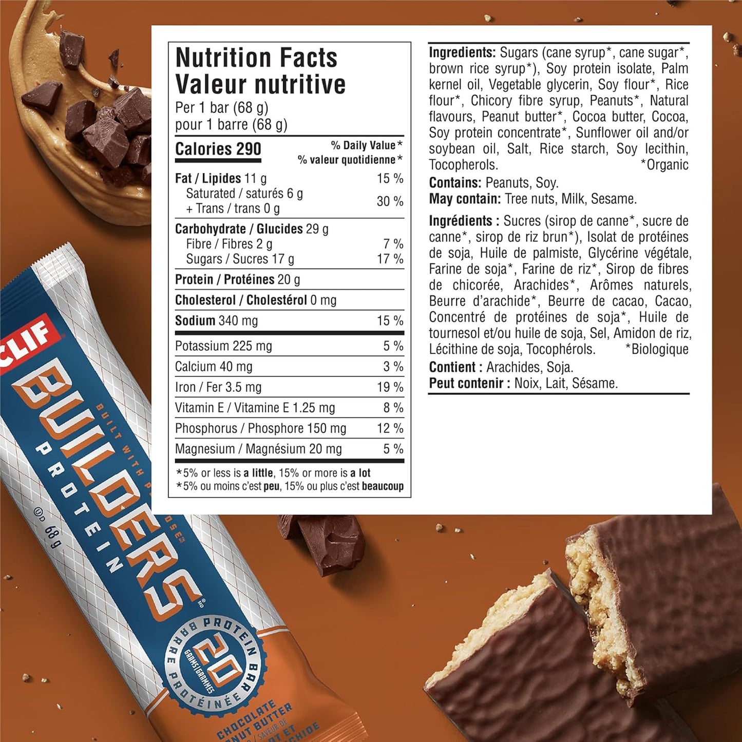 CLIF BUILDERS Protein Bars, Chocolate Peanut Butter Flavour, 20g of Protein, Prepared in Canada, Gluten Free, No Artificial Sweeteners, 68 g (Pack of 6)