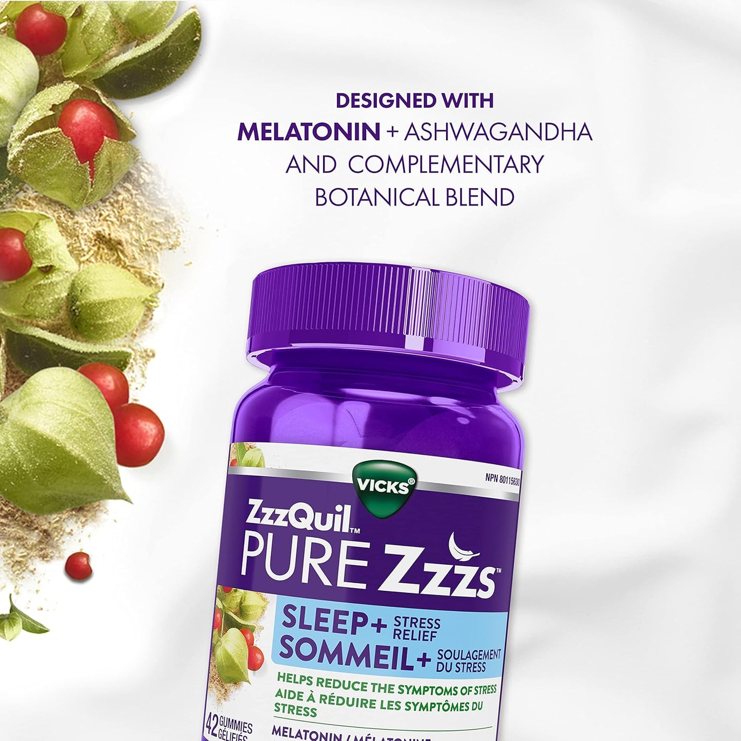 Vicks ZzzQuil PURE Zzzs 緩解壓力褪黑素助眠軟糖,成人適用,南非醉茄有助於減輕壓力症狀,每粒軟糖含 1 毫克,42 粒
