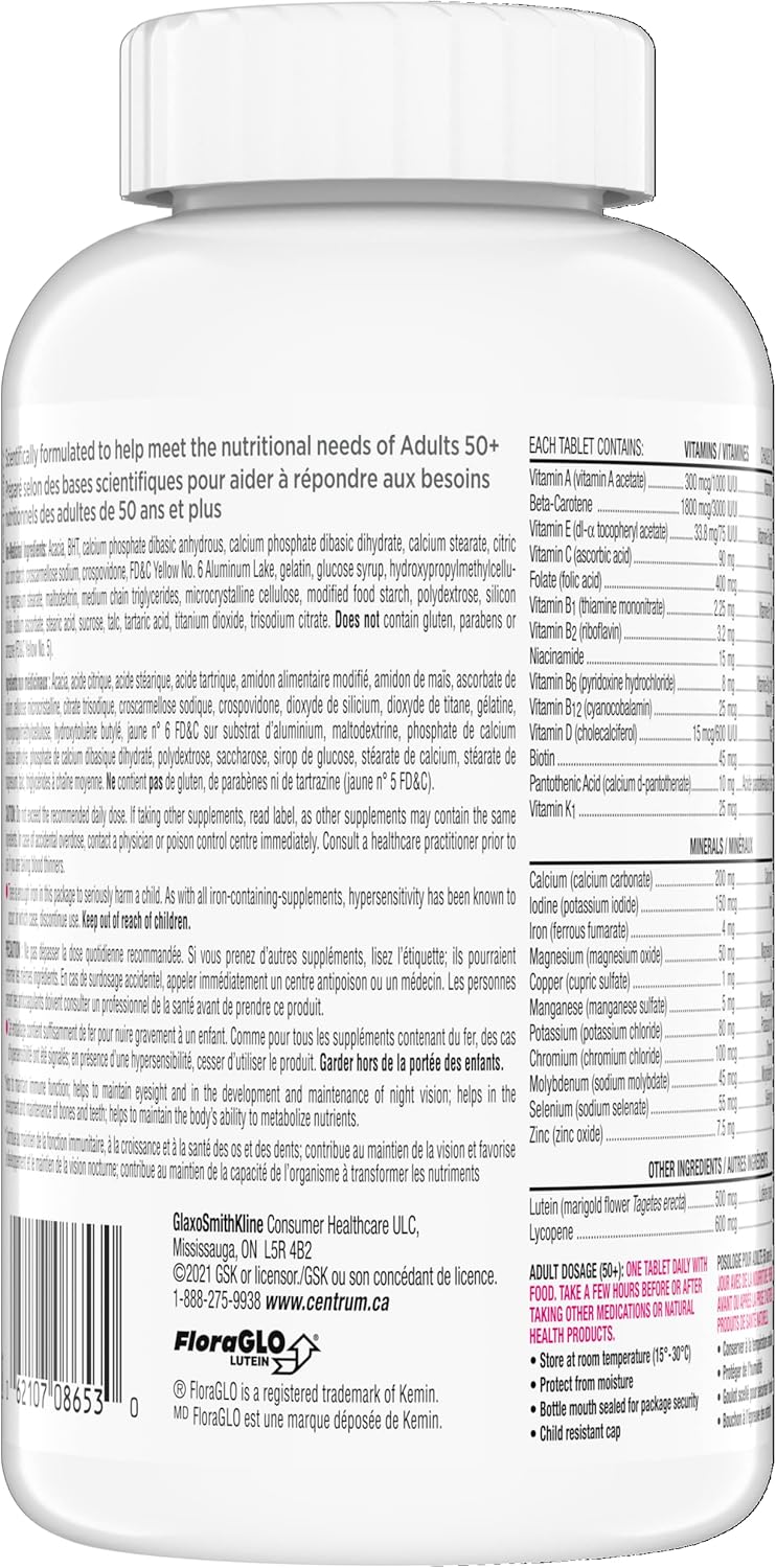 Centrum 成人精选必需多种维生素/矿物质补充剂,适合 50 岁以上男性和女性,250 片