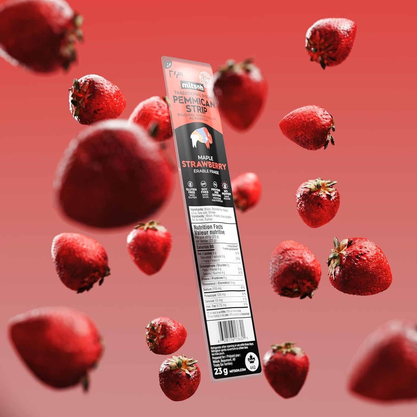 野牛草莓草莓乾點心 | 原住民超級食物 | 採用草飼野牛製成 | 加拿大原住民所有 | 高蛋白、無麩質、無大豆,4 包