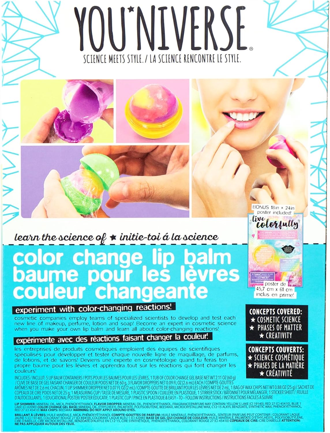 YOUniverse Color Change Lip Balm, Make 5 Lip Balms with 3 Fun Flavors, Make Your Lip Gloss Set for Teens, Fun DIY Makeup Kit, Great Gift Set for Kids Ages 6 and Up, STEAM Craft Kits