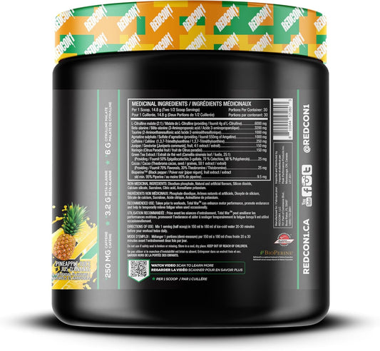 REDCON1 Total War 運動前粉,鳳梨汁 - β-丙氨酸 + 瓜氨酸蘋果酸,適合素食者和生酮飲食者,適合男性和女性,含 250 毫克咖啡因 - 速效 HMB(30 份)