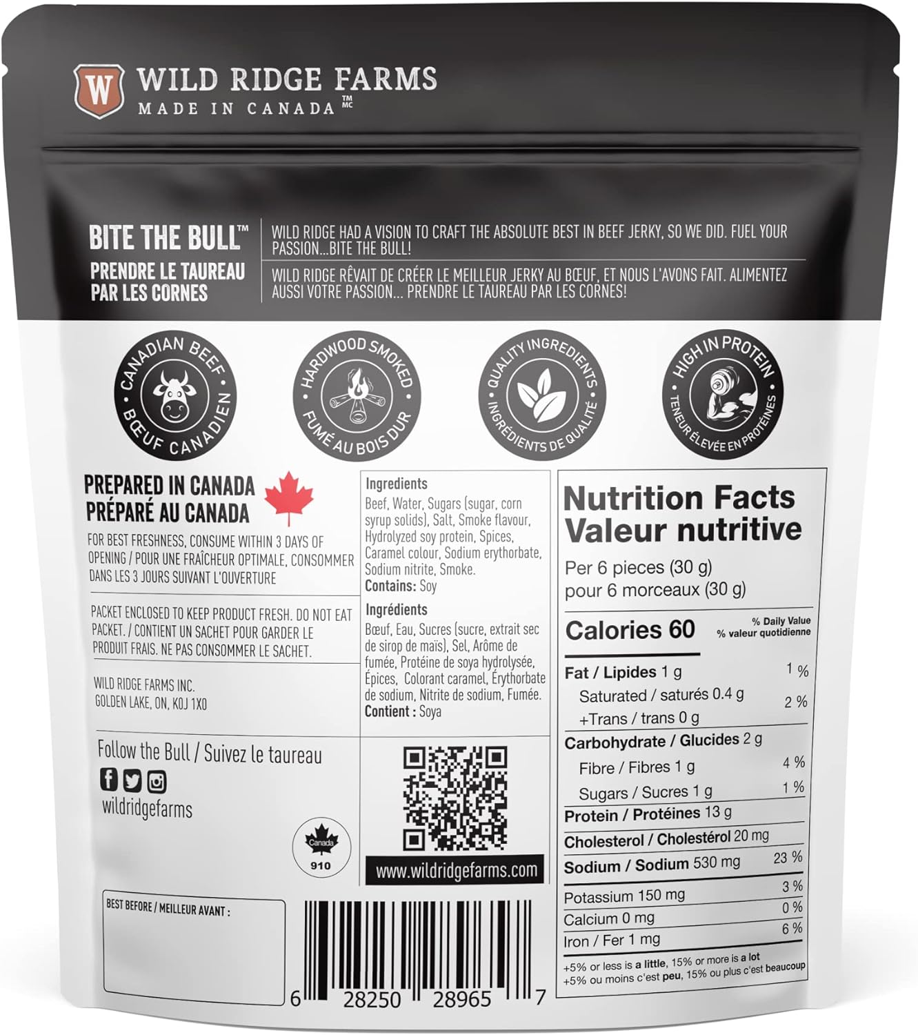 Wild Ridge Farms 原味牛肉干,硬木烟熏,加拿大制造 - 70克