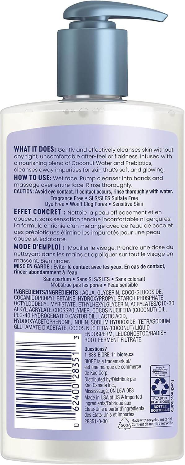 Bioré Hydrate & Glow 溫和潔面乳,適用於乾燥、敏感肌膚的保濕潔面乳,注入益生元和椰子水 | 經皮膚科醫生測試,無動物實驗,無香料,無 SLS/SLES 硫酸鹽(200 毫升)