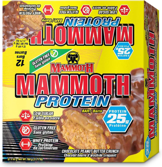 MAMMOTH Protein Bar, Chocolate Peanut Butter Crunch, 25g Protein, Low Sugar, Low Carb, Gluten Free, 12 x 65g (12 Count) (12 Count, Chocolate Peanut Butter Crunch)