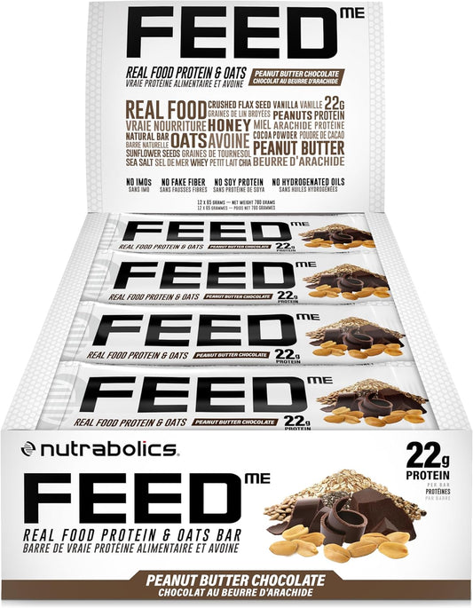 Nutrabolics Feed Bar, Peanut Butter Chocolate, Real Food Protein Bar, 12 Bars