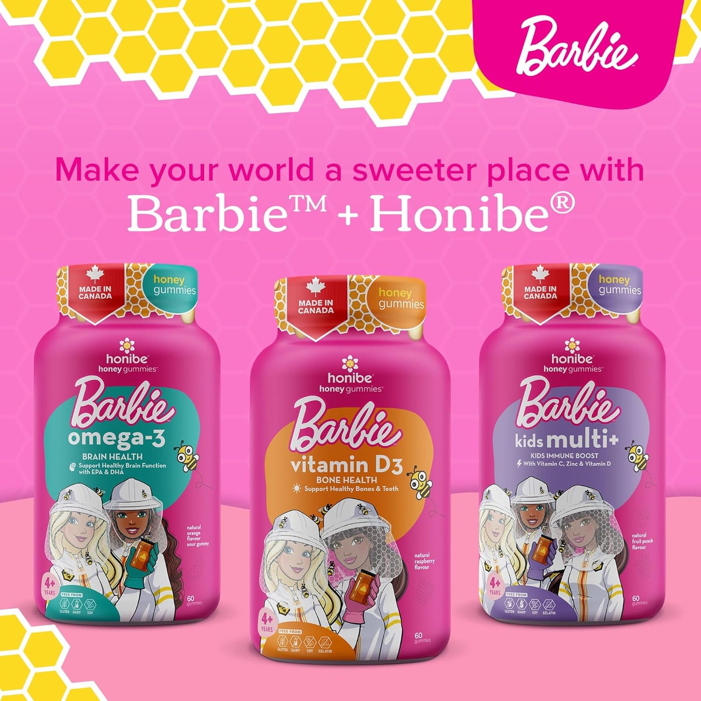 Honibe 维生素 D 软糖,适合儿童和成人,芭比,加拿大制造的蜂蜜维生素,维生素 D3 有助于支持骨骼健康、情绪和免疫系统功能,60 粒软糖