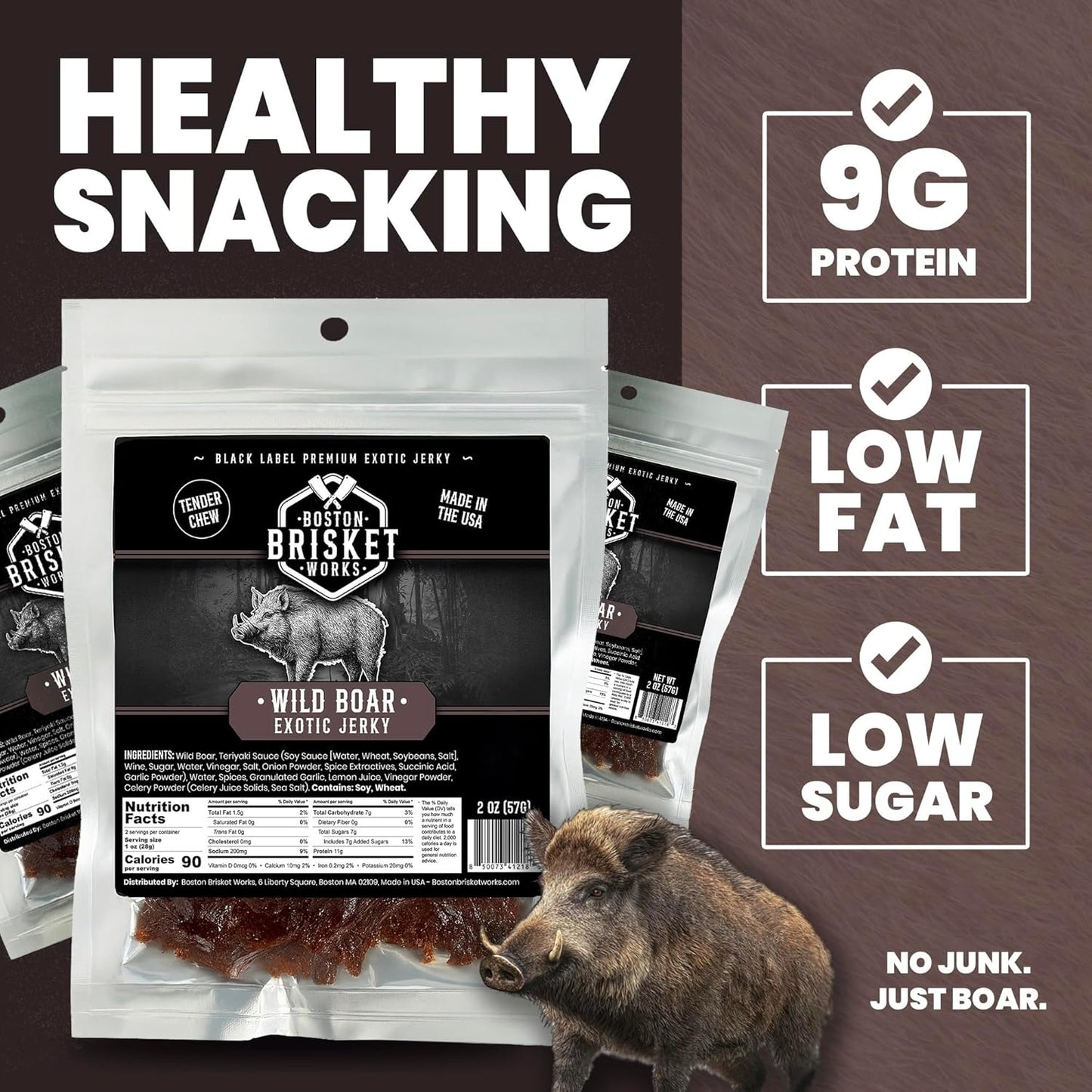 Wild Boar Jerky – 2 oz Bag – 100% Real Wild Boar Meat | Handcrafted in Small Batches | Vacuum Sealed | No Fillers, No MSG, No Nitrates | Made by a Small Business