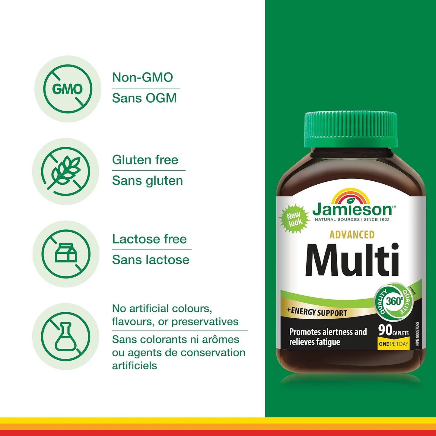 Jamieson 高级复合维生素,能量补充,含 100 毫克天然咖啡因,支持免疫健康和整体健康。100% 完整维生素,含维生素 B12、锌、钙和镁,素食,每份一份……