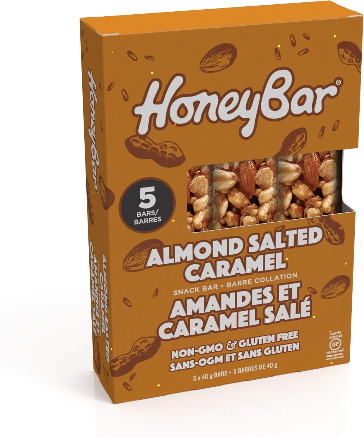 HoneyBar 零食棒,杏仁咸焦糖,无麸质,非转基因,素食,40 克,杏仁咸焦糖,5 条