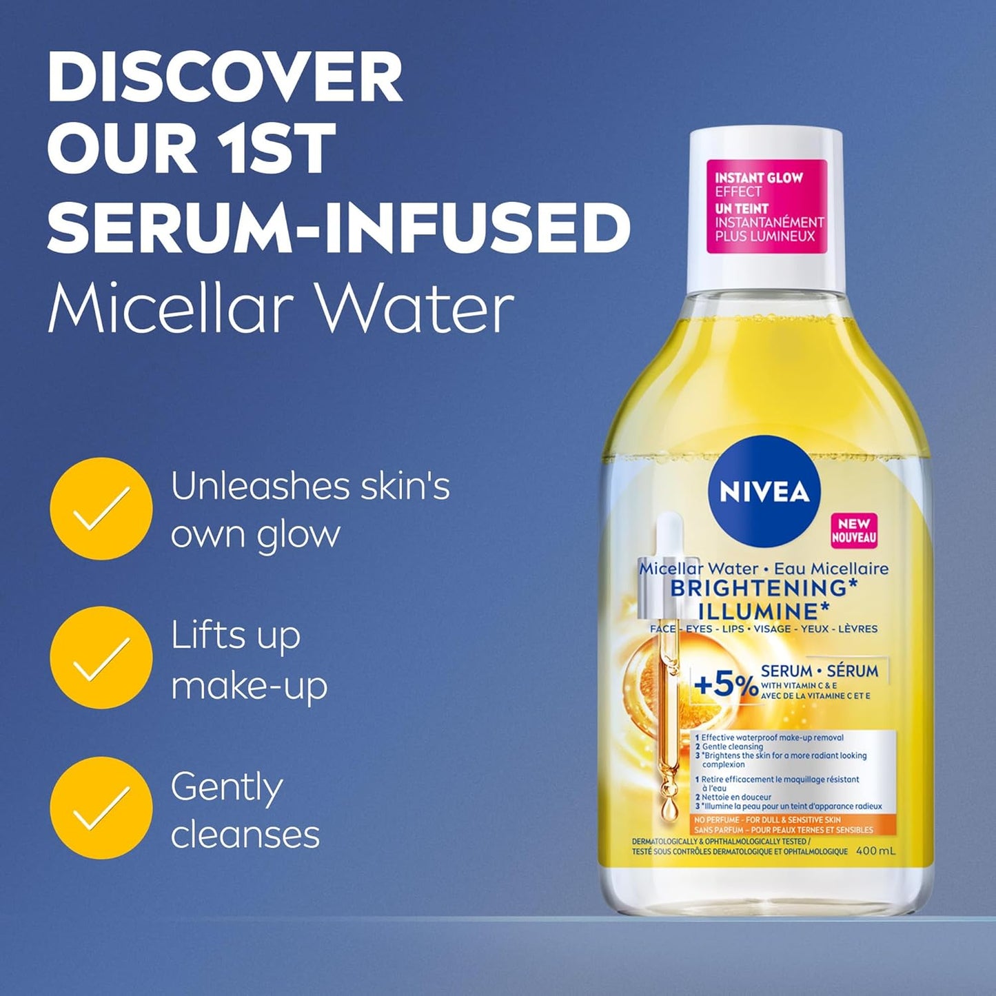 NIVEA Skin Brightening* Micellar Water for Dull and Sensitive Skin, Eyes, Lips and Face Cleanser with Vitamin C, Vitamin E and Amino Acid Complex for a More Radiant-Looking Complexion, 400mL