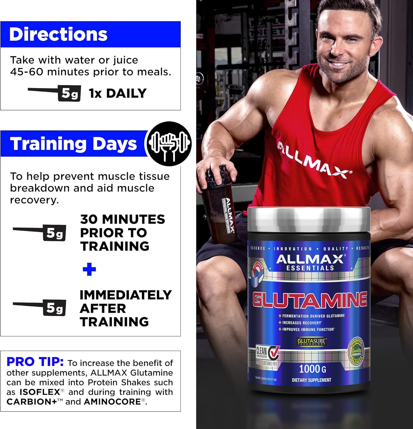 ALLMAX Nutrition - 谷氨酰胺粉 - 100% 医药级 - 400 克 & BCAA 2:1:1-100% 纯医药级 - 微粉化支链氨基酸 - 无麸质,400 克
