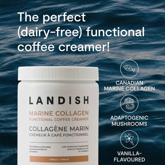 Landish 海洋膠原蛋白咖啡奶精粉 - 野生海洋膠原蛋白、靈芝、獅鬃菇和維生素 C - 有益於皮膚、頭髮和指甲,促進關節和免疫健康 - 香草味 - 不含乳製品、不含麩質、不添加糖…