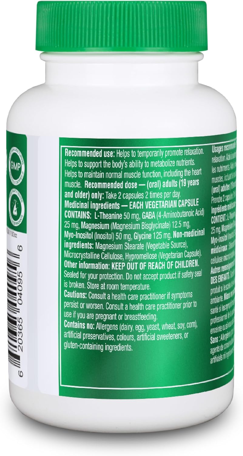 Organika 加拿大製造的舒緩心靈膠囊 - 含甘氨酸鎂、L-茶氨酸、GABA、肌醇 - 促進放鬆和鎮靜,不引起困倦 - 120 粒膠囊