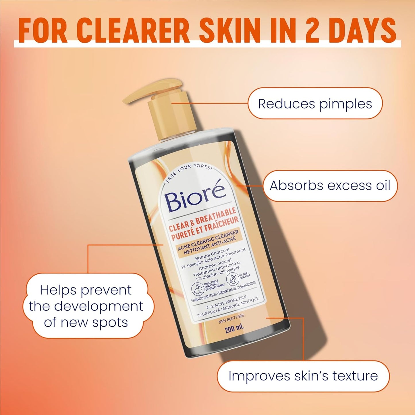 Bioré Clear & Breathable Charcoal Acne Clearing Cleanser, Salicylic Acid Facial Wash for Oily, Acne Prone Skin (200 mL) | Made in Canada