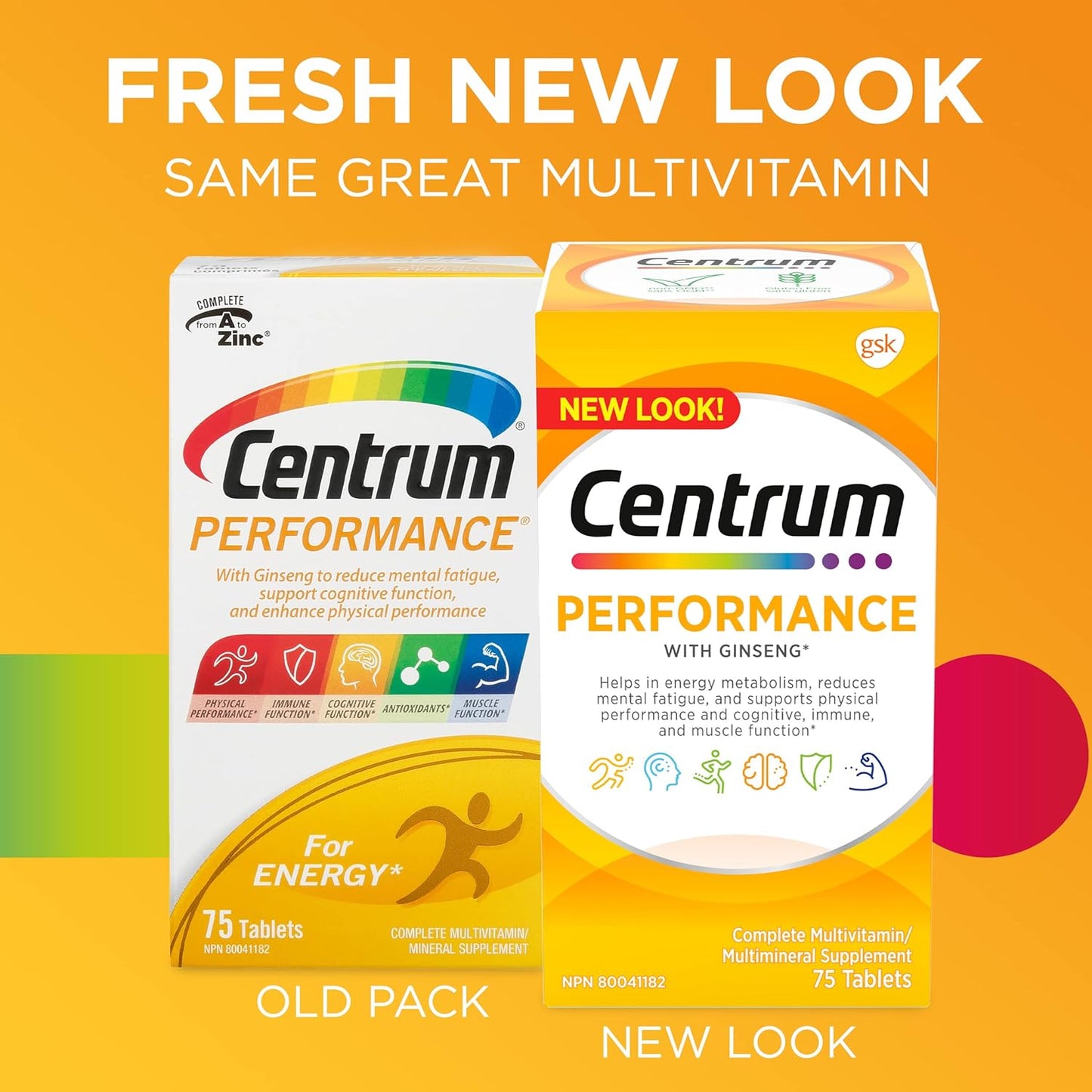 Centrum Performance 复合维生素/矿物质补充剂,适用于男性和女性,含人参,75 片(包装可能有所不同)