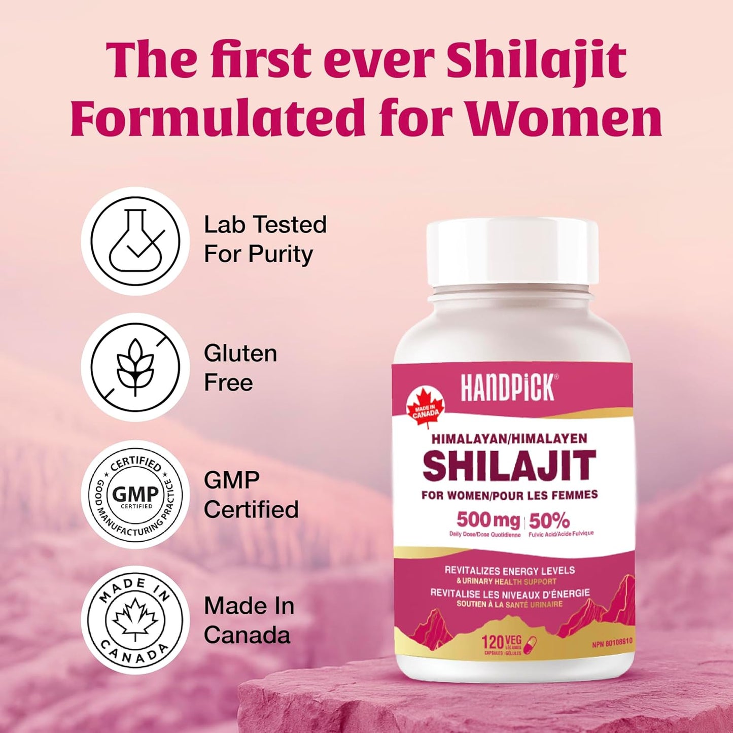 HANDPICK Shilajit Capsules for Women | 500mg per Serving with 50% Fulvic Acid, 120 Easy to Swallow Capsules | Pure Himalayan Shilajit for Women | Revitalize Energy Levels | Made in Canada