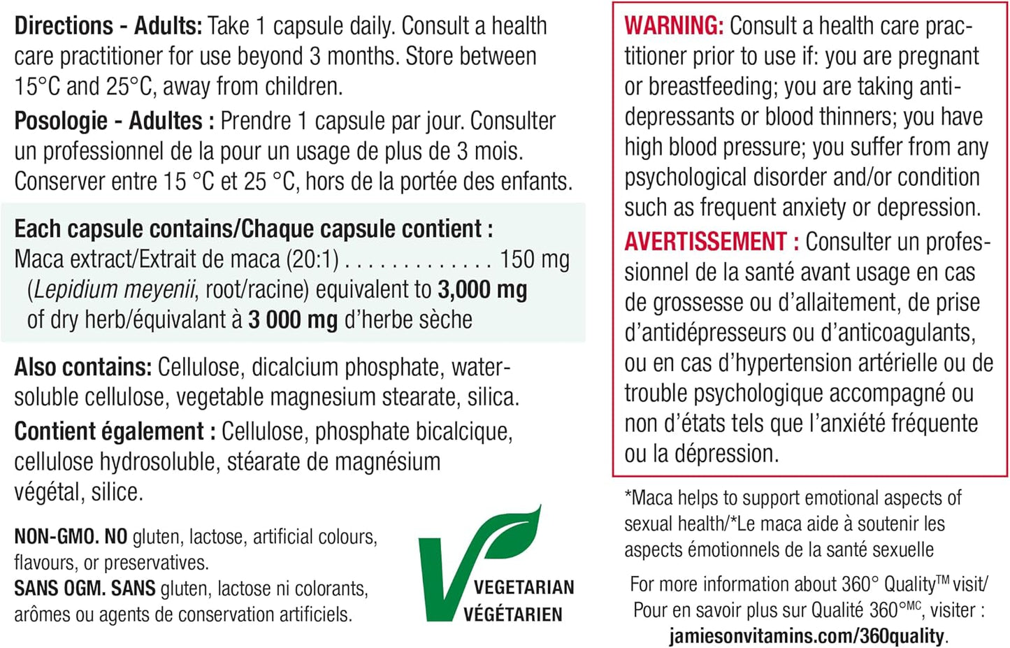 Jamieson High Potency Maca 3,000 mg, Helps to Support Emotional Aspects of Sexual Health and a Healthy Mood Balance. Vegetarian, Non-GMO, Gluten-Free, Only One Per Day, 60 Count