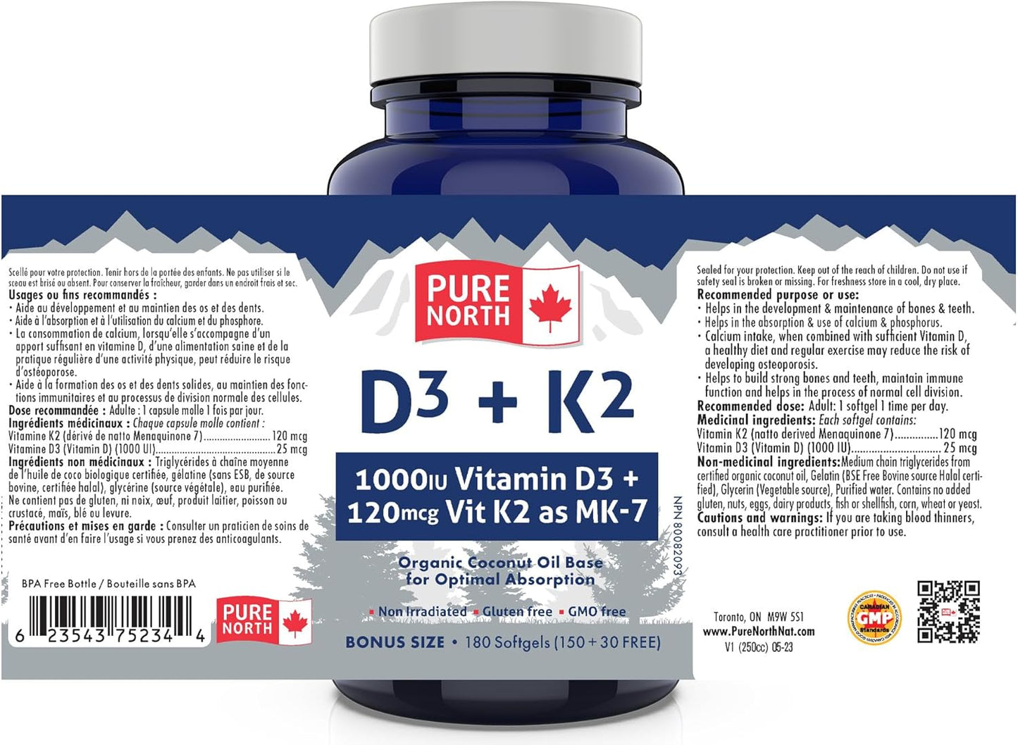 Pure North Naturals - D3 + K2 維生素補充劑 180 粒軟膠囊,180 天供應量 - 骨骼和牙齒健康 - D3 1000IU + K2 MK7 120mcg,含有機椰子油 - 經第三方測試 - 加拿大配製和製造