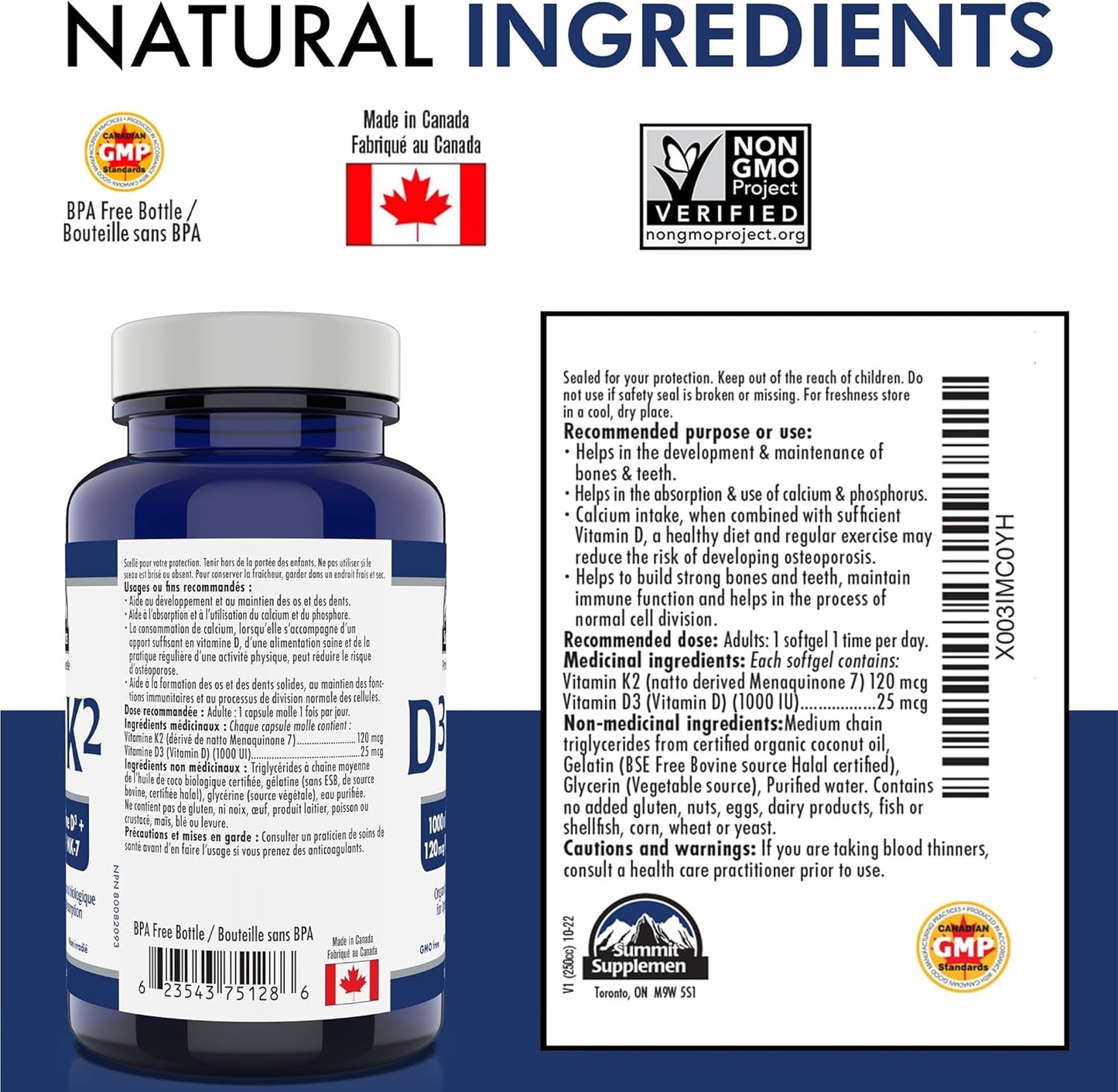 加拿大製造,無塑膠污染 - 維生素 D3 K2,180 粒軟膠囊,180 天用量 - D3(1000IU-25mcg)+K2(120mcg) - 免疫功能、骨骼和牙齒健康 - 經第三方測試 - 加拿大配製和製造
