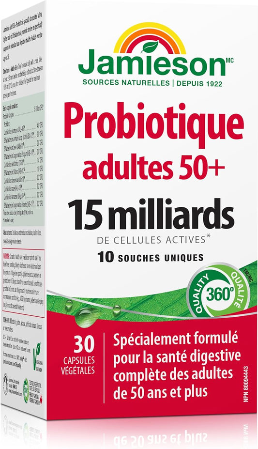 Jamieson Adult 50+ Probiotic 15 Billion Active Cells, Bifidobacterium Boost, Supports Digestive Health and Intestinal Health. 10 Unique Strains, Including Lactobacillus and Bifidobacterium, Non-GMO, Gluten-Free, 30 Veget…