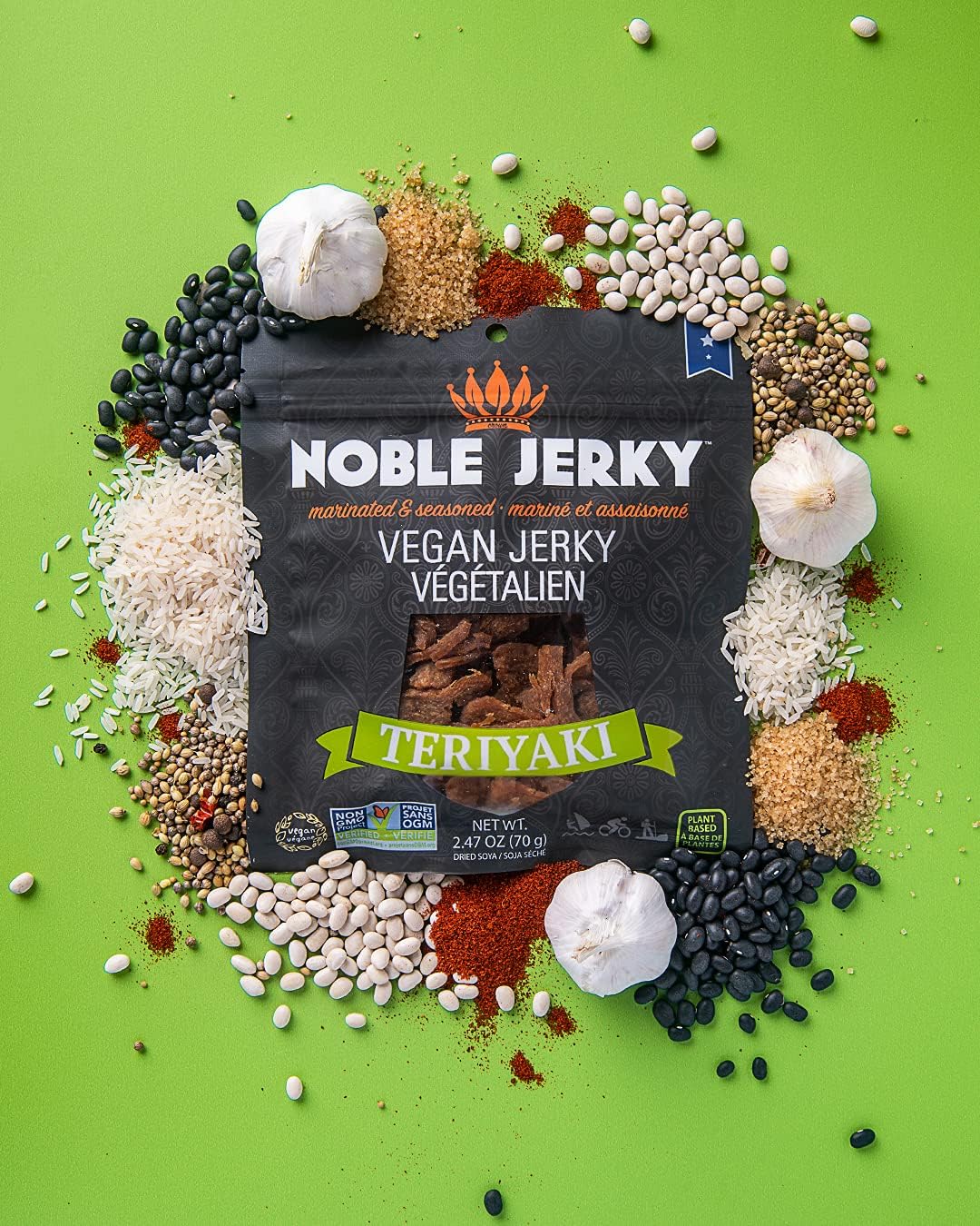 Noble Jerky 素食纯素零食 - 植物基,14 克植物蛋白零食 + 能量,非转基因,不含肉,非常适合办公室或午餐袋,多种口味 6 包(2 包烧烤味、2 包照烧味、2 包原味),70 克/包