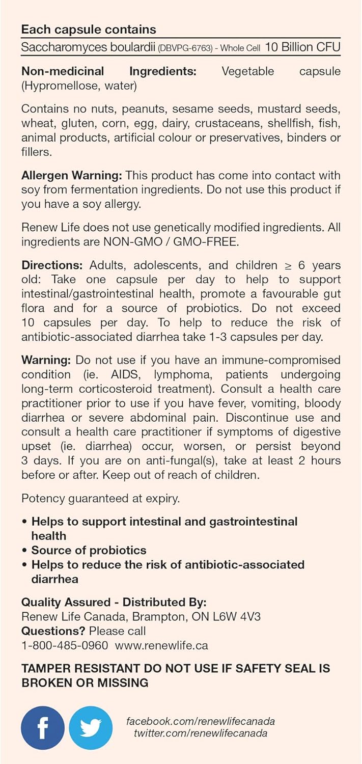 Renew Life BoulardiiMAX, Intestinal Targeting, Antibiotic-Associated Diarrhea, Travel Support Probiotic, 30 Vegetable Capsules, 1 Count