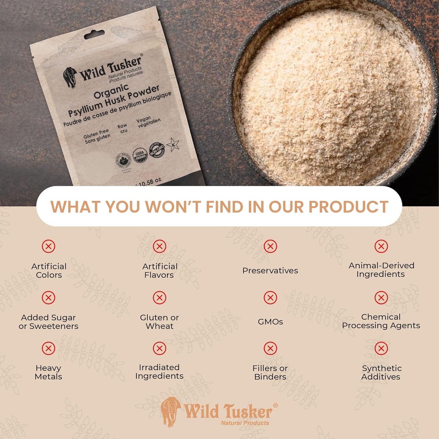 Wild Tusker Organic Psyllium Husk Powder - 100% Organic, Keto-Friendly, and Gluten-Free, 300g