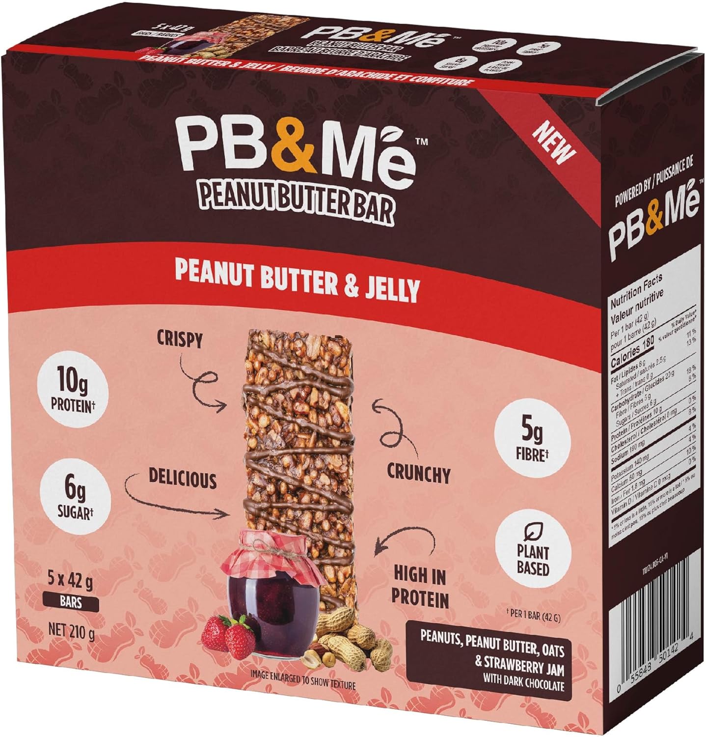 PB&Me Peanut Butter Protein Bars –Peanut Butter & Jelly, 10g Protein, Low Sugar, High Fiber, No Artificial Sweeteners or Preservatives, Meal Replacement, 5-Pack, Snack Bars for Work, Gym & Travel