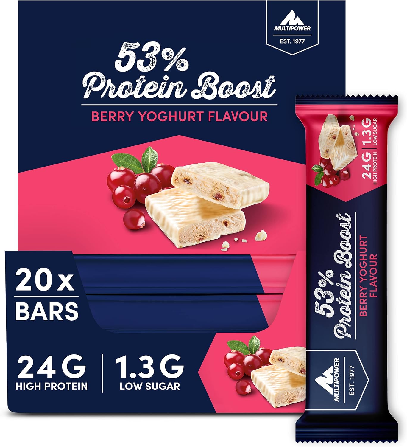 Multipower 53% Protein Boost Bar - Berry Yoghurt Flavor - High-Protein Low-Sugar Snack - 45g Bars (20 Pack)