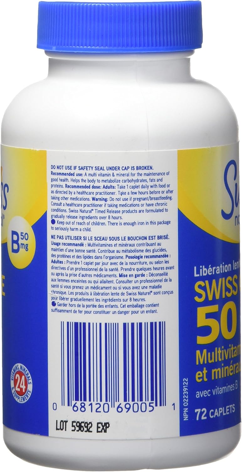 瑞士天然定时释放 Swiss One 50 | 多效合一复合维生素和矿物质,含 B 族维生素 | 日常维护整体健康 | 无添加剂(72 粒胶囊)