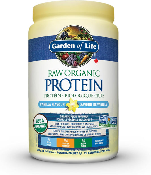 Garden of Life Raw Organic Protein, Vanilla, 624g. Packed with 22 Grams of Certified Organic Plant Protein & Raw Organic Protein, Unflavored, 568g