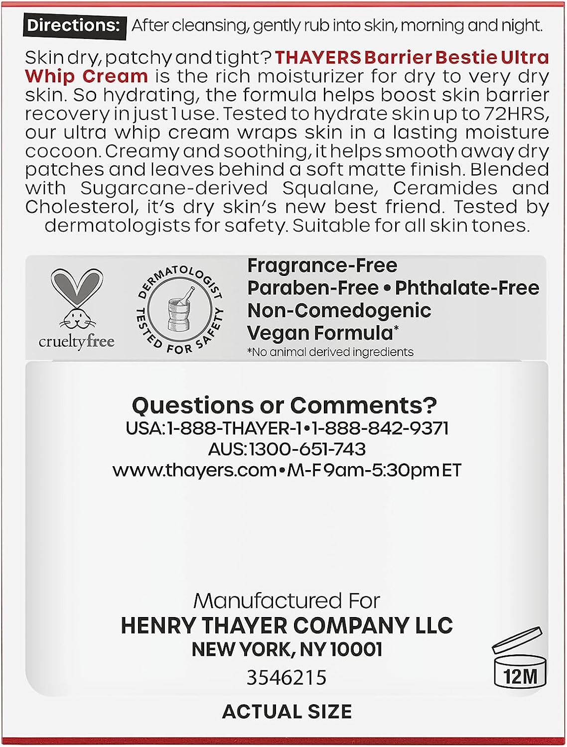 THAYERS Barrier Bestie Ultra Whip 面部保湿霜,含神经酰胺和甘蔗角鲨烷,适合干性至极干性肌肤,促进肌肤修复,59 毫升